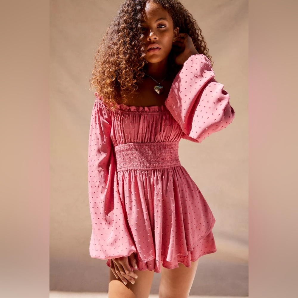Urban Outfitters Clip Dot Smocked Long Sleeve Pink Romper NWOT